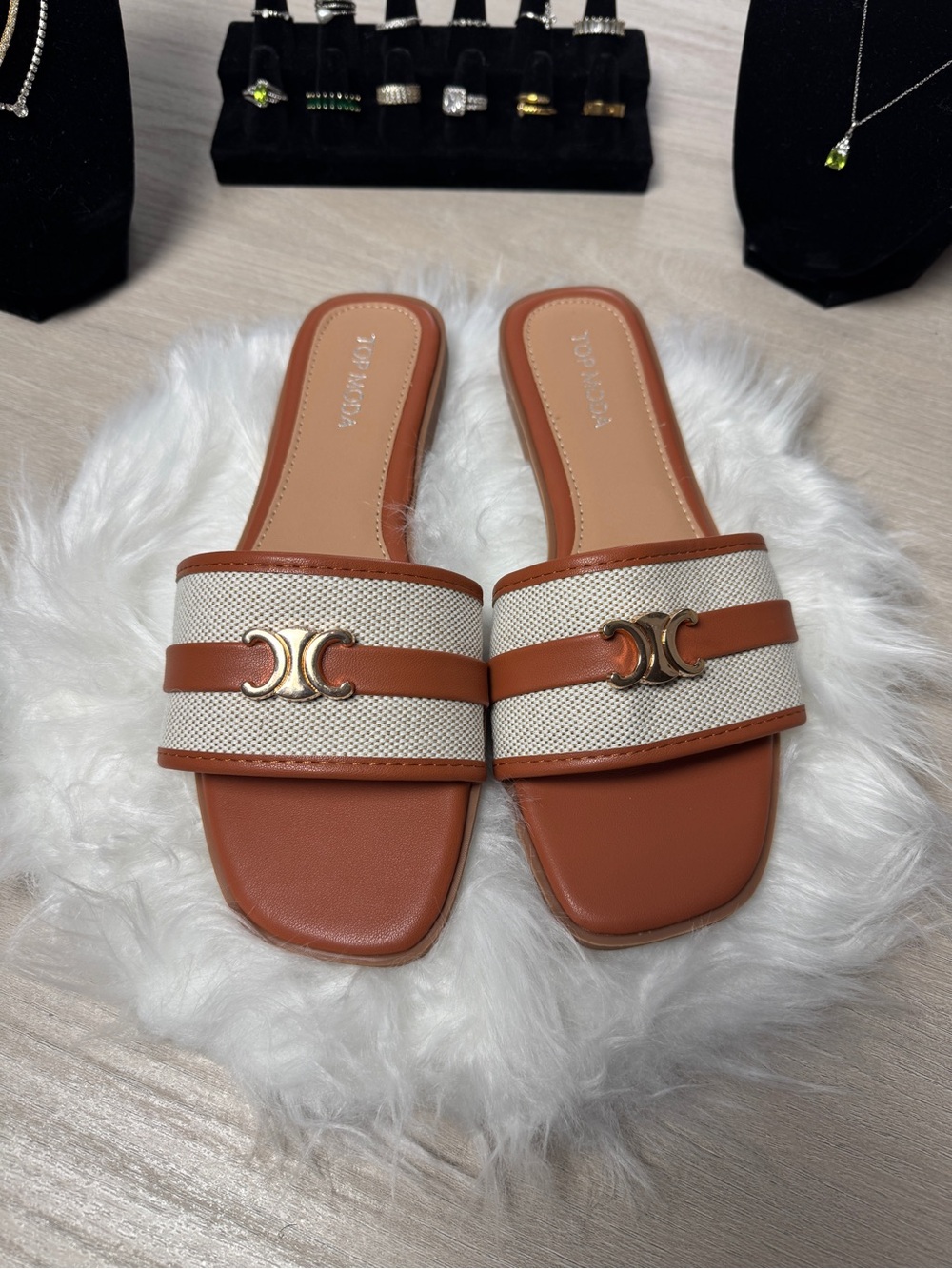 Top Moda Tan & Cream Slide Sandals with Gold Accent